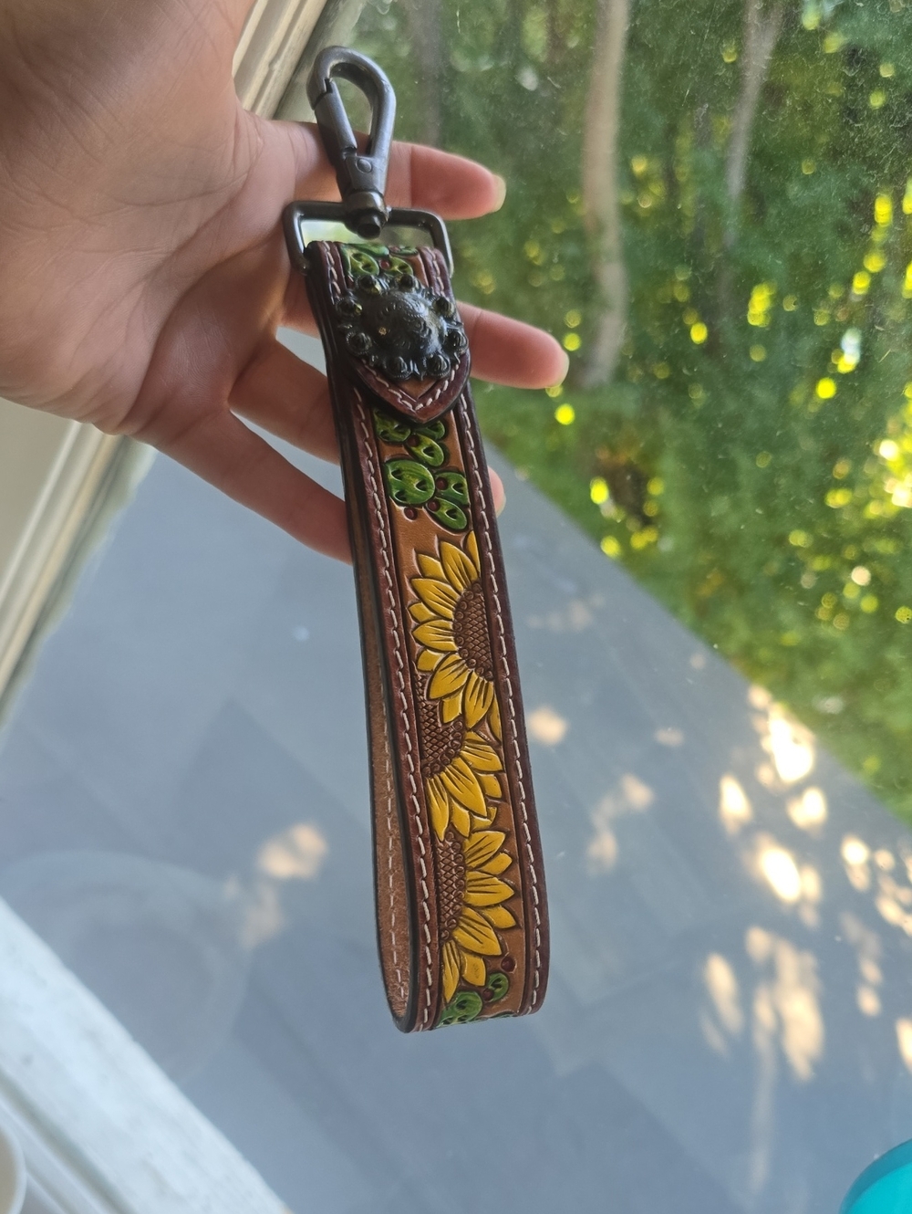 American Darling Brown Leather Wristlet Keychain with Yellow Sunflower Motif
